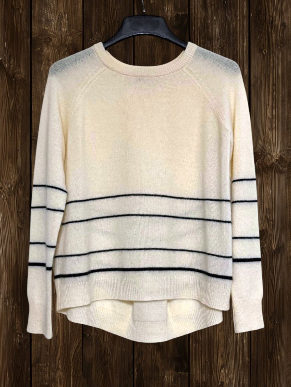 360 Sweater 100% Cashmere Striped High Low Sweater Ivory Black L